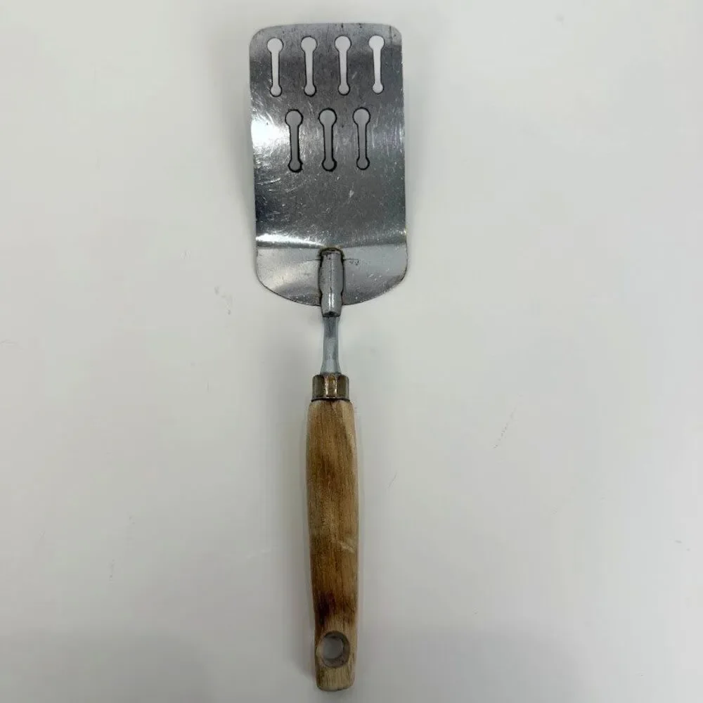 Vintage EKCO Slotted Spatula, Chromium Plated with Wood Handle